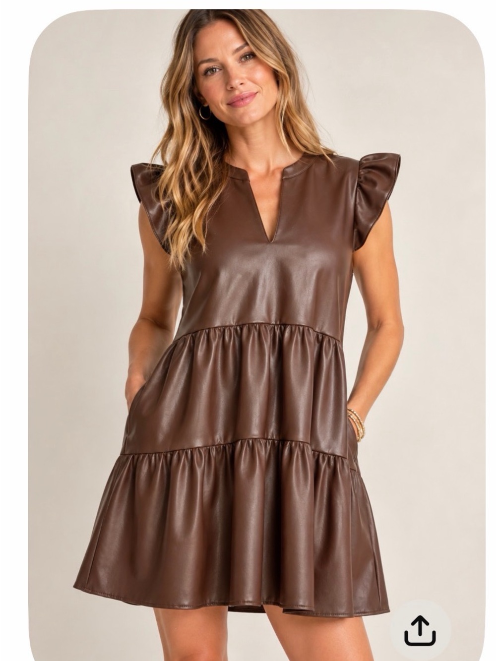 Evereve Chocolate Brown Faux Leather Tiered Mini Dress size S.